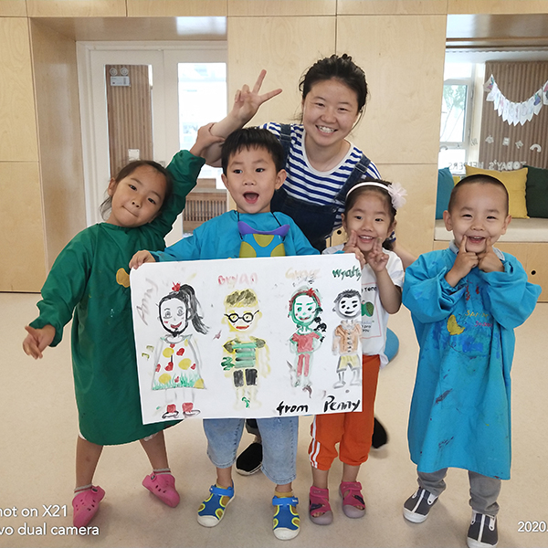 kids and teacher with art